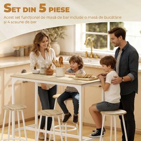 HOMCOM Set de Dining 5 Piese cu Bar 110x50x89,5 cm și Scaune Ø30x60,5 cm din Lemn și Metal Nuanță Lemn | Aosom Romania