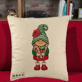 Perna Decorativa Gnom Craciun Verde cu Bomboane si Floare, 40x40 cm, Bej, Husa Detasabila, Perna Inclusa, BEKZ®