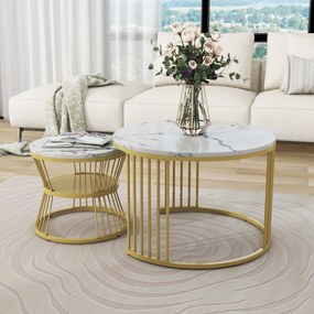 Set de 2 Măsuțe de Cafea Moderne, din MDF cu Finisaj Efect de Marmură și Structură Metalică Aurie, 70x70x47 cm și 45x45x40 cm, Alb