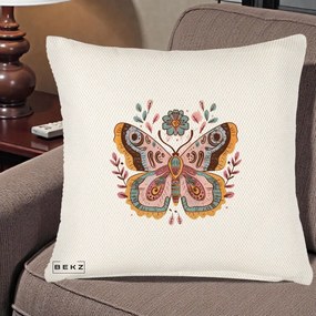 Perna Decorativa Fluture Boho Floral, 40x40 cm, Crem Reliefat, Husa Detasabila, Perna Inclusa, BEKZ®