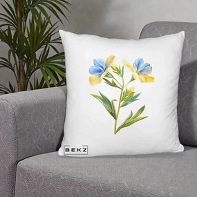 Perna Decorativa Botanica Frezie Galbena si Albastra, 40x40 cm, Alb Pufos, Husa Detasabila, Perna Inclusa, BEKZ®