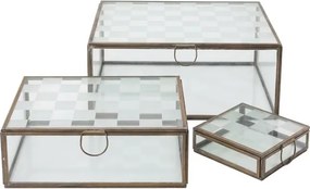 Set 3 cutii decorative din sticlă transparentă și metal auriu, capac cu balama și model în carouri mate, mâner inel, finisaj antichizat, 11 x 25 x 20