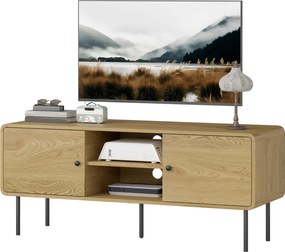 HOMCOM Comodă TV, suport TV până la 139,7 cm cu 2 uși, 2 compartimente deschise, picioare din oțel, 120x40x50cm, stejar | Aosom Romania