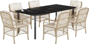 vidaXL Set de masă pentru grădină, 7 piese, cu perne, bej, poliratan