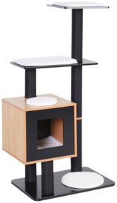 PawHut Pom de pisici design contemporan zgarieturi pe scara din sisal natural cu activitati in centru, platforme pentru joaca, bile suspendate 71,5L x 49,5l x 120H cm MDF negru stejar | Aosom Romania