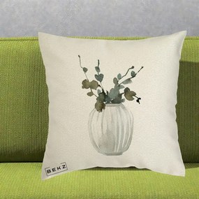 Perna Decorativa Vaza cu Eucalipt Watercolor, 40x40 cm, Ecru, Husa Detasabila, Perna Inclusa, BEKZ®