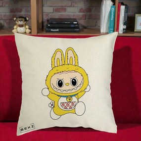 Perna Personalizata Labubu Galben Doraemon, 40x40 cm, Ecru, Husa Detasabila, Perna Inclusa, BEKZ®