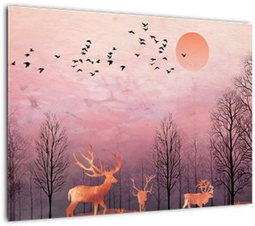 Tablou pe sticlă - Căprioare în strălucirea apusului de soare (70x50 cm)