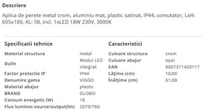 Aplica LED pentru oglinda baie IP44 VIGGO crom