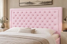 Pat tapițat Chesterfield din catifea Ophelia Deluxe 180×200 cm, roz, cu ladă de depozitare
