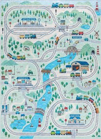 BAMBINO 61530 covor lavabil Râu, șine, tren pentru copii anti-alunecare - verde / gri