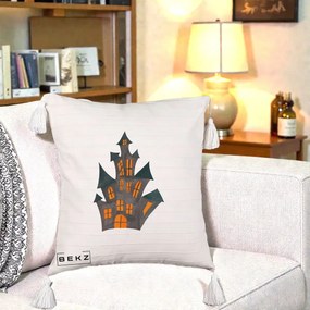 Perna Decorativa Halloween Casa Bantuita Minimalista, 40x40 cm, Bej cu Franjuri, Husa Detasabila, Perna Inclusa, BEKZ®