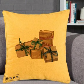 Perna Decorativa Cadouri de Craciun Kraft, 40x40 cm, Galben, Husa Detasabila, Perna Inclusa, BEKZ®
