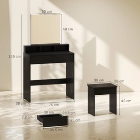 HOMCOM Masă de Toaletă cu Oglindă, 3 Rafturi, 2 Sertare, 75x38x135 cm, Negru | Aosom Romania