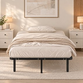 HOMCOM Pat Industrial 120x190x31 cm cu 28 de Lamele și Spațiu de Depozitare, Lemn și Oțel, Negru și Lemn Natural | Aosom Romania