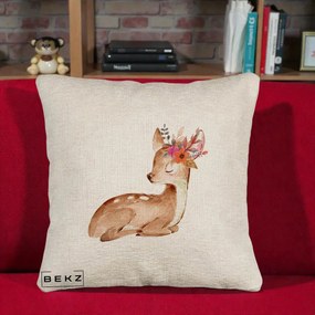 Perna Decorativa Caprioara cu Flori in Coama, 40x40 cm, Bej Canapea, Husa Detasabila, Perna Inclusa, BEKZ®