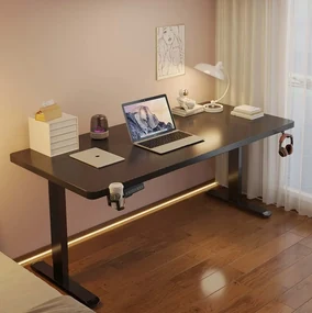 Birou reglabil în înălțime, două motoare electrice ridicare, suport caști, suport pahar, 120x60 cm, Negru