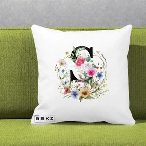 Cadou Personalizat - Perna Personalizata Monogram Litera S cu Flori Acuarela, 40x40 cm, Alba Mata, Husa Detasabila, Perna Inclusa, BEKZ®