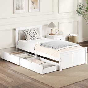 HOMCOM Cadru pat single, cadru din lemn, sertare pe roți, nu necesită somieră, 90 x 200 cm, Alb | Aosom Romania