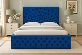 Pat tapițat Chesterfield din catifea Venezia 140×200 cm, albastru, cu ladă de depozitare