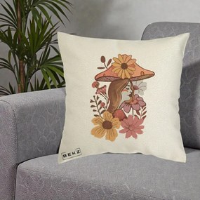 Perna Decorativa Fata Ciuperca Florala Boho, 40x40 cm, Ecru, Husa Detasabila, Perna Inclusa, BEKZ®