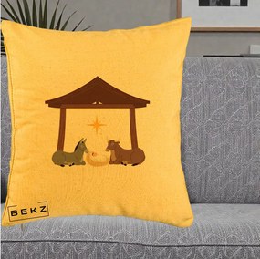 Perna Decorativa Ieslea din Betleem cu Iesle Asin si Bou, 40x40 cm, Galben, Husa Detasabila, Perna Inclusa, BEKZ®