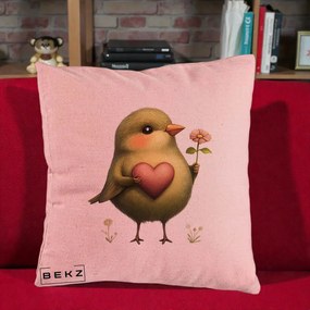 Perna Decorativa Pasare Verde cu Inima si Floare, 40x40 cm, Roz, Husa Detasabila, Perna Inclusa, BEKZ®