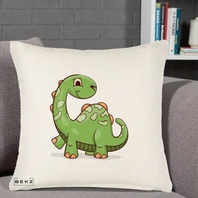 Perna Decorativa Brontosaur Verde Simpatic, 40x40 cm, Crem Reliefat, Husa Detasabila, Perna Inclusa, BEKZ®