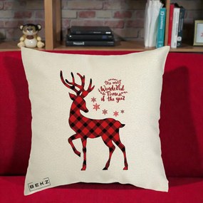 Perna Decorativa Ren Buffalo Plaid Craciun, 40x40 cm, Ecru, Husa Detasabila, Perna Inclusa, BEKZ®
