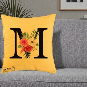 Cadou Personalizat - Perna Personalizata Monograma Florala Litera M cu Trandafiri si Anemona, 40x40 cm, Galben, Husa Detasabila, Perna Inclusa, BEKZ®