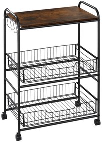HOMCOM Cărucior Auxiliar cu Roți de 3 Nivele Cărucior de Bucătărie cu 2 Coșuri și 4 Cârlige 60x38x85,5 cm Maro Rustic | Aosom Romania
