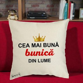 Cadou pentru Bunica - Perna Personalizata Cea Mai Buna Bunica Din Lume Coroana Aurie, 40x40 cm, Ecru, Husa Detasabila, Perna Inclusa, BEKZ®