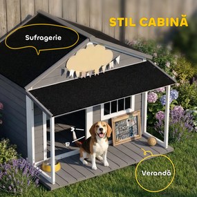 PawHut Casuță din Lemn de Exterior pentru Câini, Cușcă pentru Câini cu Terasă, Fereastră și Acoperiș Impermeabil, 124x112x105 cm, Gri | Aosom Romania