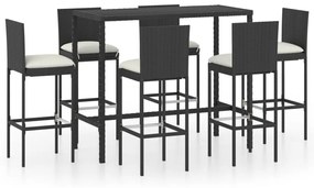 3064834 vidaXL Set mobilier bar de grădină cu perne, 7 piese, negru, poliratan