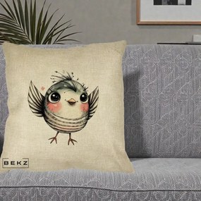 Perna Decorativa Pasare Gri cu Aripi si Inimioare, 40x40 cm, Crem, Husa Detasabila, Perna Inclusa, BEKZ®