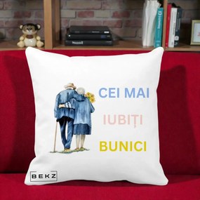 Cadou pentru Bunici - Perna Personalizata Cei Mai Iubiti Bunici Acuarela Spate, 40x40 cm, Alba Mata, Husa Detasabila, Perna Inclusa, BEKZ®