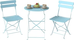 Outsunny Set bistro de grădină pliabil 3 piese, masă bistro cu 2 scaune, șezut cu lamele, picioare duble în X, albastru deschis | Aosom Romania