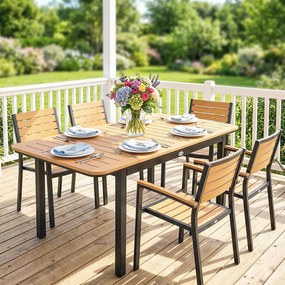 Outsunny Masă de Grădină pentru 6 Persoane, 127 x 70 cm, Masă de Exterior cu Blat cu Lamele din Lemn Plastic, Cadru Metalic | Aosom Romania