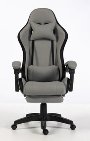 RESIGILAT- ALFORD Scaun gaming cu Masaj in 5 puncte, Perna lombara cu Masaj, Sistem iluminare banda LED RGB, Boxe Bluetooth, suport picioare, textil, Gri