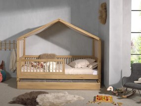 Set Complet: Pat Căsuță Forrest Oak pentru Camera Copii, 90x200 cm, cu Sertar Pat, Barieră de Siguranță Suplimentară și Set Textil, din Lemn Masiv de