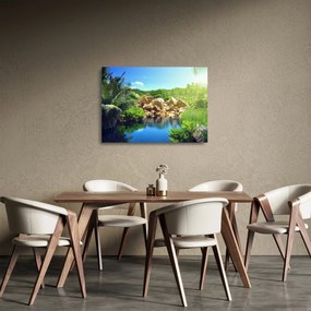 Tablou pe sticlă cu lac în jungla din Seychelles (70x50 cm)