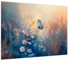 Tablou pe sticlă - Pajiște cu Fluture (70x50 cm)