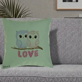 Perna Decorativa Love Bufnite Indragostite pe Crenguta Roz si Mov, 40x40 cm, Verde, Husa Detasabila, Perna Inclusa, BEKZ®