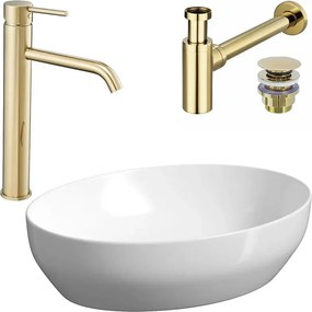 Pachet lavoar pe blat Cersanit Larga alb 50 cm, baterie lavoar Rea Lungo auriu si ventil lavoar Click-Clack auriu