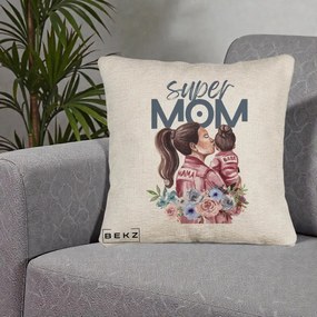 Cadou pentru Mama - Perna Personalizata Super Mom Mama cu Bebelusul, 40x40 cm, Bej Canapea, Husa Detasabila, Perna Inclusa, BEKZ®