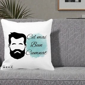 Cadou pentru Cumnat - Perna Personalizata Cel mai Bun Cumnat cu Portret Barbat si Pete Teal, 40x40 cm, Alba Mata, Husa Detasabila, Perna Inclusa, BEKZ®