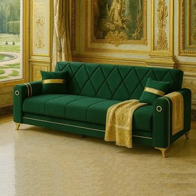 Canapea extensibila cu lada de depozitare 220x87x93 cm , detalii aurii,verde – Camara