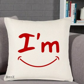 Perna Decorativa I'm Happy Smile, 40x40 cm, Crem Reliefat, Husa Detasabila, Perna Inclusa, BEKZ®