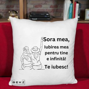 Cadou pentru Sora - Perna Personalizata Sora Mea Te Iubesc Line Art Portrete Colorate, 40x40 cm, Alb Pufos, Husa Detasabila, Perna Inclusa, BEKZ®