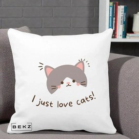 Perna Personalizata I Just Love Cats Pisica Kawaii, 40x40 cm, Alba Mata, Husa Detasabila, Perna Inclusa, BEKZ®